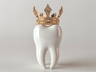 A tooth wearing a regal crown as a humorous depiction of dental crowns
